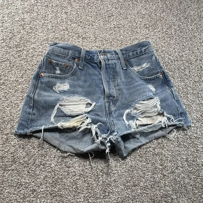 Levis 501 Shorts Womens 23 Blue Distressed High Rise Denim Cutoff Frayed Hem - Image 1 of 4
