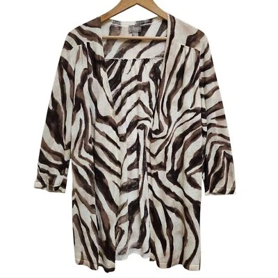 Cárdigan Chico's Travelers para mujer L marrón mezcla de lino estampado de cebra manga abierta 3/4 Foto 1 de 4