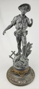 Antique 19thc Figural Spelter Statue Man Hunter Farmer French Art Nouveau  - Picture 1 of 11