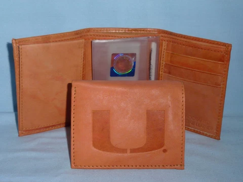 MIAMI HURRICANES    Leather TriFold Wallet     NEW    tan 3 z ins Cover