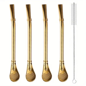 Straw Spoons For Drinks, Reusable S Steel Spoon With Brush 5pcs Bombilla Golden - Picture 1 of 5