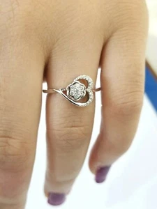 14k White Gold Diamonds ladies Ring Heart shaped Flower Setting , Sizable, REAL - Picture 1 of 5