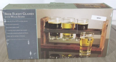Wood Beer Flight Glasses with Wood Stand 5lf oz beer glasses - Image 1 of 3