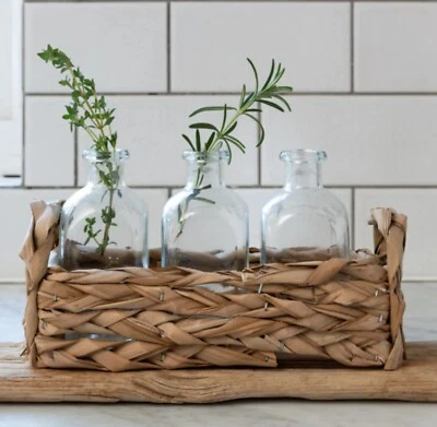 Neutral Straw Basket with 3 Glass Bottle Vases - Home  Farmhouse Country Decor  - Image 1 of 2