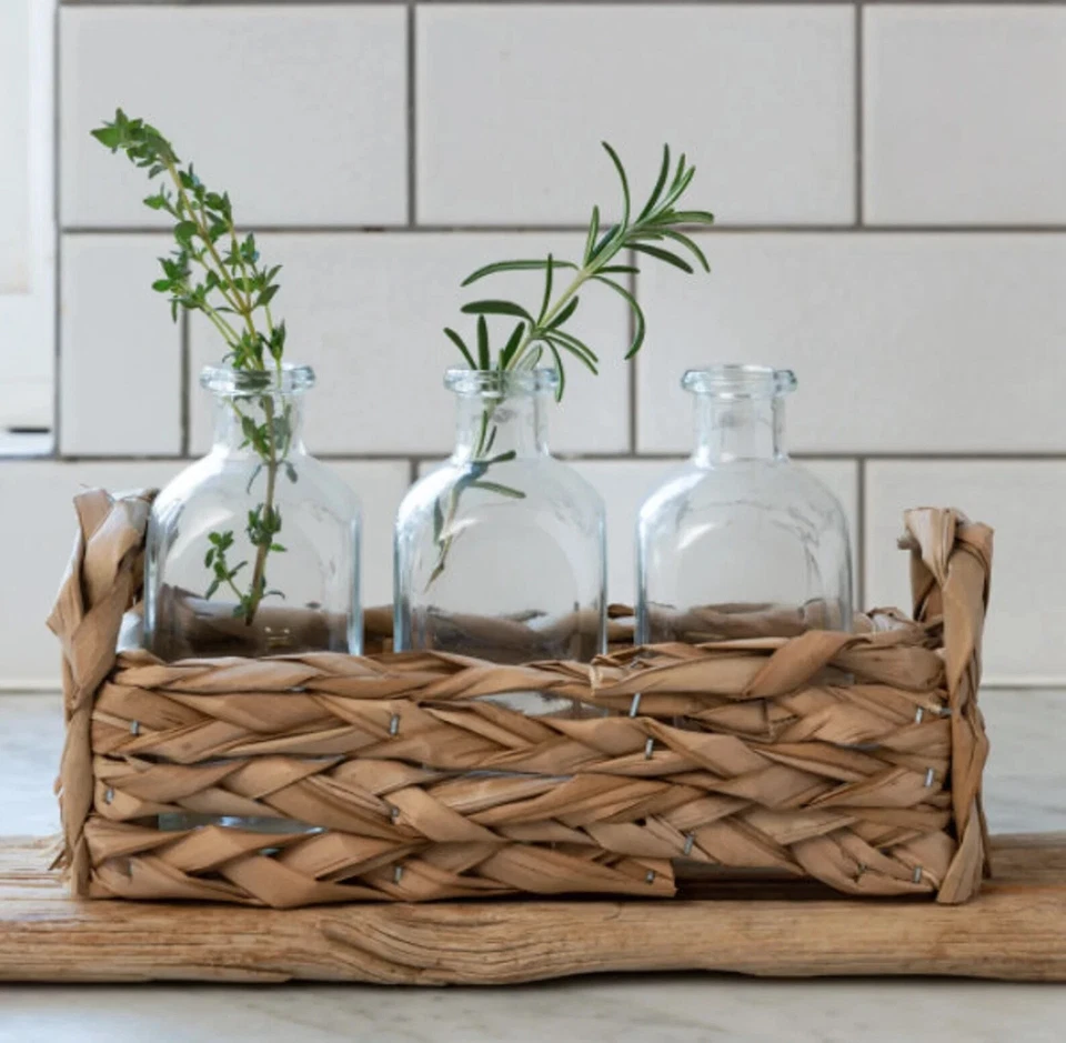 Neutral Straw Basket with 3 Glass Bottle Vases - Home  Farmhouse Country Decor  - Image 1 of 2