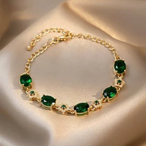 18K Gold Plated Green Crystal Charm Bracelet for Women,Fashion Jewelry Gifts - Picture 1 of 5