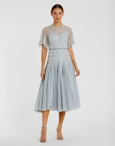 Mac Duggal 93655 Blue Cape Sleeve Beaded Tea Length A-line DressSize 12 NWT - Picture 1 of 12