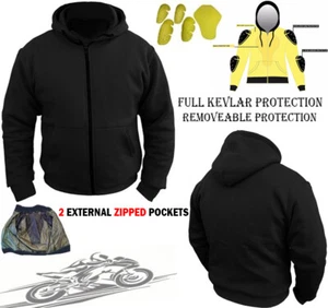 MENS BLACK FLEECE HOODIE WITH KEVLAR REMOVABLE ARMOR MOTORBIKE MOTORCYCLE JACKET - Picture 1 of 2