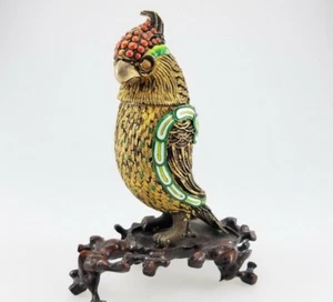 Solid Silver & 24K Gold Parrot Nepal China India Statue Bird Antique Sterling - Picture 1 of 10