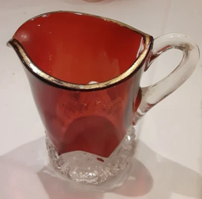 Vintage Ruby Flash Glass small creamer or syrup pitcher, 4" tall, some wear - Image 1 of 4