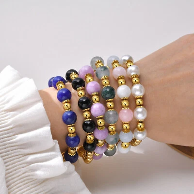 Women Bracelet Stainless Steel Natural Stone Pearl Beaded Bracelet 10mm 6.3'' - Image 1 of 4