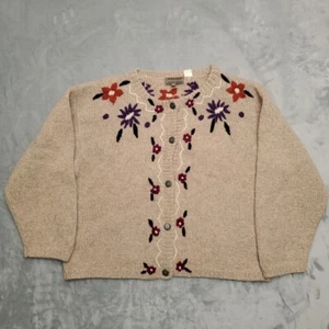 VTG Intro Sweater Women L Beige Lambswool Embroidereed Cardigan Cottagecore Boho - Picture 1 of 14