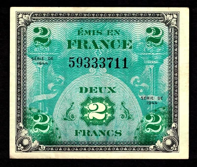 Allied Military Currency USA 2 FRANCS FLAG 1944 banknote paper money WWII - Image 1 of 2