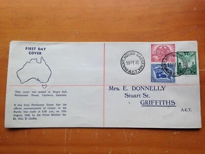 1946 AUSTRALIA PEACE SET FDC BY DONNELLY OLD PARLIAMENT HOUSE CANBERRA CANCEL - image 1 of 2