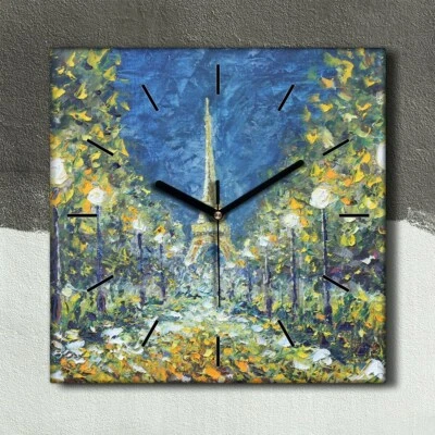 Wanduhr Uhr Wandbild Leinwand 30x30 Ölgemälde Park Bäume Eiffelturm Nacht - Bild 1 von 4