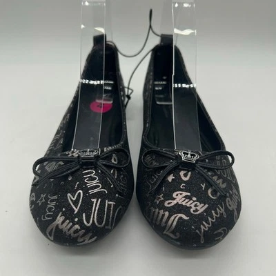 Juicy Couture Flats Girls 4 Black Silver Script Logo Ballet Shoes Bow Detail - Image 1 of 4