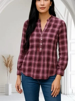 Marks & Spencer Blouse Top 10 Pink Burgundy Plaid Check Cottage Prairie Casual - Image 1 of 4