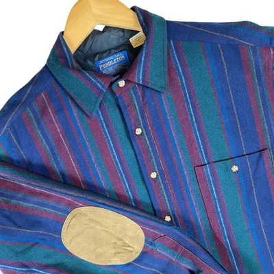 Vintage Pendleton Board Shirt L Wool Flannel Striped Elbow Patches USA Rare READ - Image 1 of 4