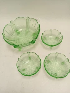 Vintage Green Depression Glass Footed Bowl Set - 4 Piece Bundle - Picture 1 of 9