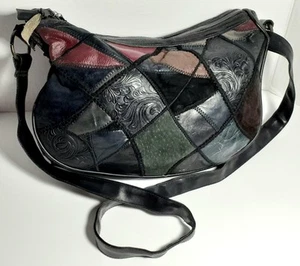 Vintage 1980's Leather Patchwork Purse Black Multicolor Tooled Over the Shoulder - Picture 1 of 5