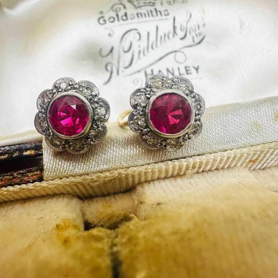Edwardian 9ct Gold Ruby & Diamond Cluster Earrings with Screw-On Fittings - Image 1 of 4