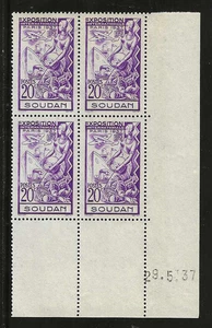 French Sudan: #106 Corner Block , MNH 1937 "Paris International" FOG, Superb 20c - Picture 1 of 2