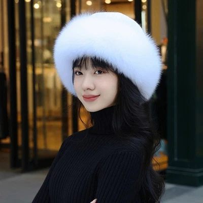Sombrero de piel de conejo real para mujer Sombrero de bombín Gorra tejida Sombrero con ala de piel de zorro real - Imagen 1 de 4