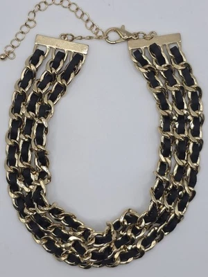 Gold Tone and Black Leather Choker Necklace - Image 1 of 2