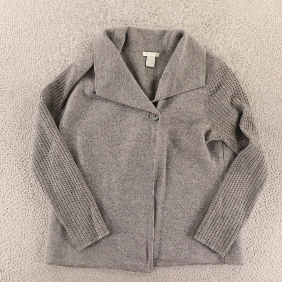 Твиды свитер женщин L серый 100% шерсти кнопка вверх ребристый рукав кардиган куртка - Изображение 1 из 4