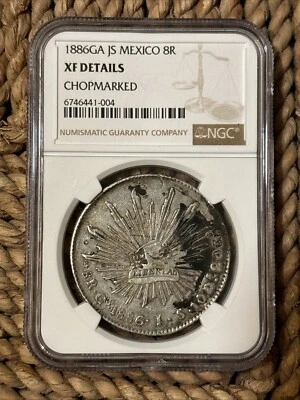 1886 Ga JS Guadalajara Casa de la Moneda México 8 Reales Plata Moneda Tapa y Rayos Marcas de Corte Foto 1 de 2