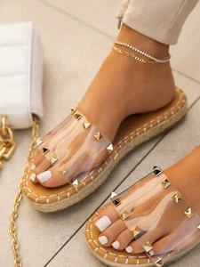 New Women's Open Toe Studded Espadrille Slide Sandal Shoe Low Flat Platform Heel - Picture 1 of 20