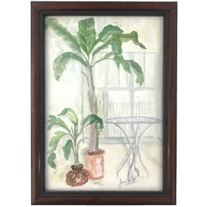Terrassentisch Philodendren Pflanzen Aquarell 8x11" Jan Latt 2005 Vintage - Bild 1 von 6