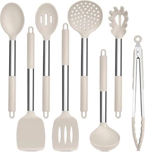 8pc Silicone Kitchen Utensils w/Stainless Handle,Nonstick&Dishwasher Safe-Khaki - Picture 1 of 7