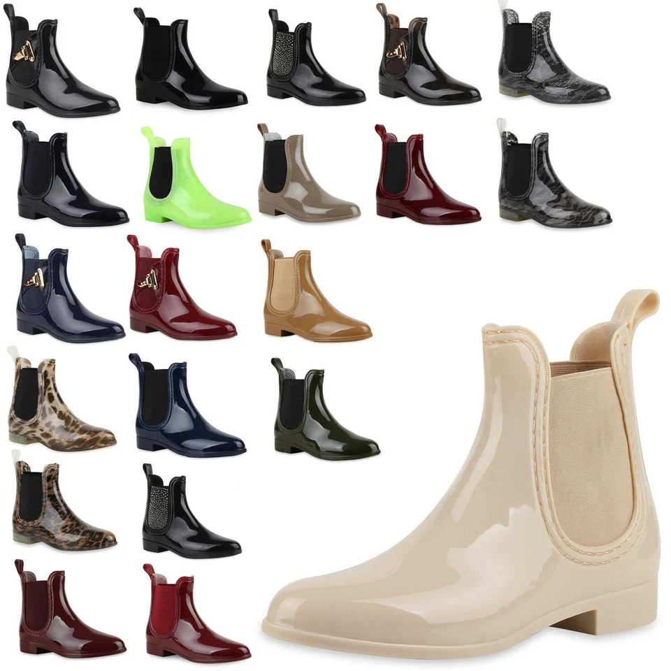 MARKENLOS Damen Lack Stiefeletten Gummistiefel Chelsea Boots Schuhe 70510 Trendy Neu