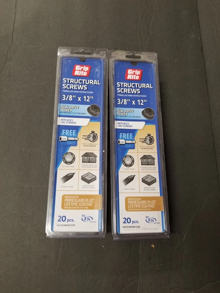 Grip-Rite GRSSHW381220 Estrella Hexagonal Arandela Tornillos Estructurales Nº3/8X 12 pulgadas LOTE de 2 Foto 1 de 1