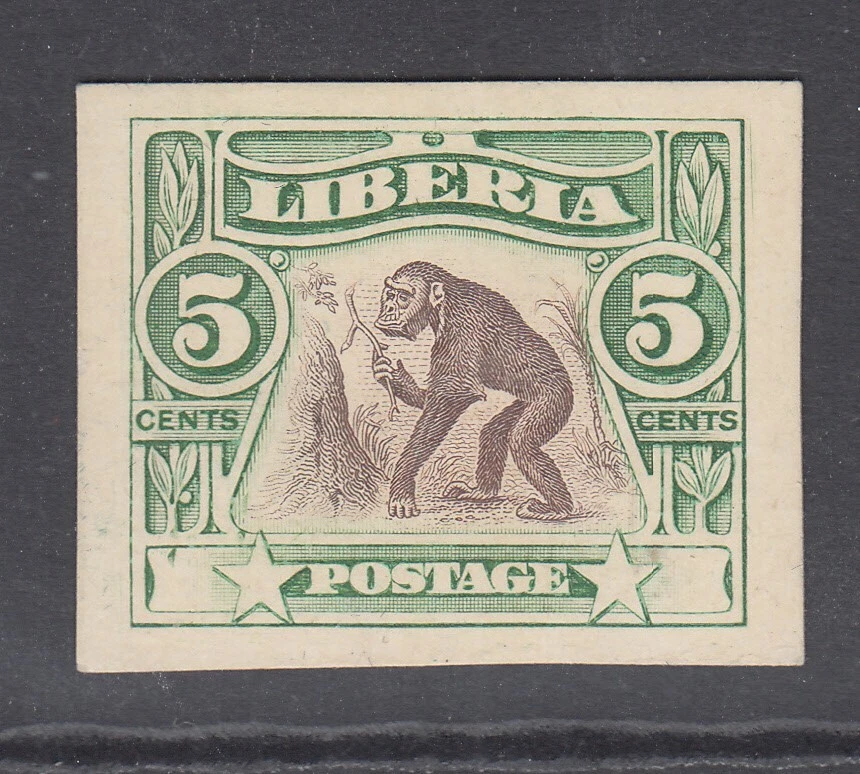 Liberia # 103 MINT Green/Brown Color Trial PROOF on Card Fauna Chimpanzee - Image 1 of 1