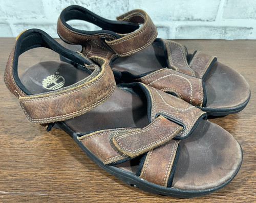 Sandali Timberland da uomo 10M in pelle marrone con cinturino da trekking piatto #38526 anello con gancio