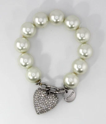 CHICO'S Glass Pearls Crystal Heart Charm Stretch Bracelet - Image 1 of 4