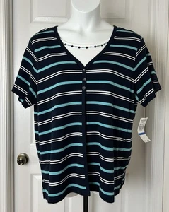Alfred Dunner Faux Twinset Short Sleeve Top Women XL Blue Stripe Beaded Neck NEW - Picture 1 of 21