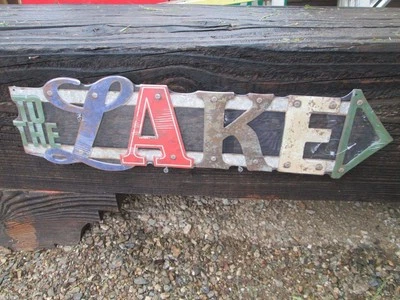 TO THE LAKE METAL DISPLAY SIGN ARROW vintage look RUSTIC Fishing Lures - Image 1 of 2