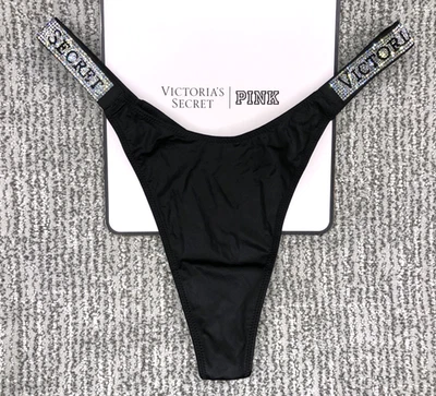 Victoria's Secret Tanga Tanga Panty Muy Sexy Nuevo con Etiquetas XL Negro Spellout Brillo Foto 1 de 4
