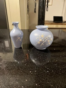 Vintage Copeland Spode England Pottery Flower Vases Pale Blue Cherry Blossom - Picture 1 of 6