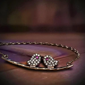 Collar Chocker Chapado en Oro Vintage PLATA ESTERLINA 925 Lovebirds On Branch - Imagen 1 de 11