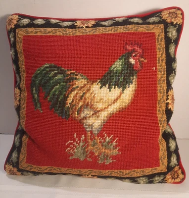 Needlepoint Rooster Throw Pillow With Red Velvet Back Zipper Closure Farm House - Image 1 of 4