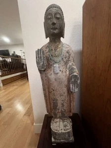 Vintage Chinese Standing Buddha Stone Statue Gilt Face Traces of Color 36" - Picture 1 of 12