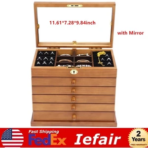 6 Tiers Jewelry Box Wooden Storage Cabinet Four-Leaf Carved Top w/ Lock + Mirror - Picture 1 of 15