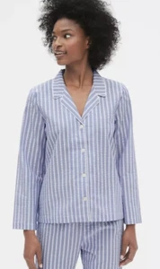 NWT LOVE BY GAP Women Size M Blue Stripe Print Top in Poplin Shirt 100% Cotton - Picture 1 of 4