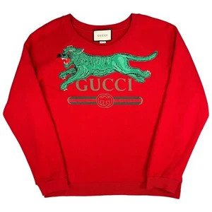 Gucci Size L Red Sweatshirt Leopard Embroidered Logo Belt Graphic Crewneck - Picture 1 of 10