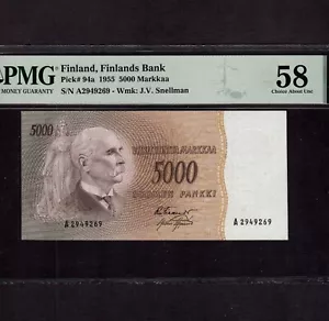 Finnland 5000 Markkaa 1955 P-94a * PMG AU 58 * seltene Erhaltung * - Bild 1 von 2