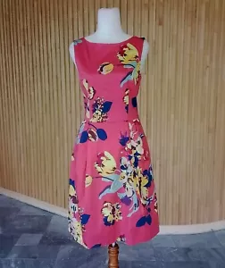 Lovely Cue Watermelon Pink Cotton Floral Dress 10 Lined Pockets Back Cut outs - Picture 1 of 8